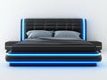Cama doble moderna con luces LED de PU negra