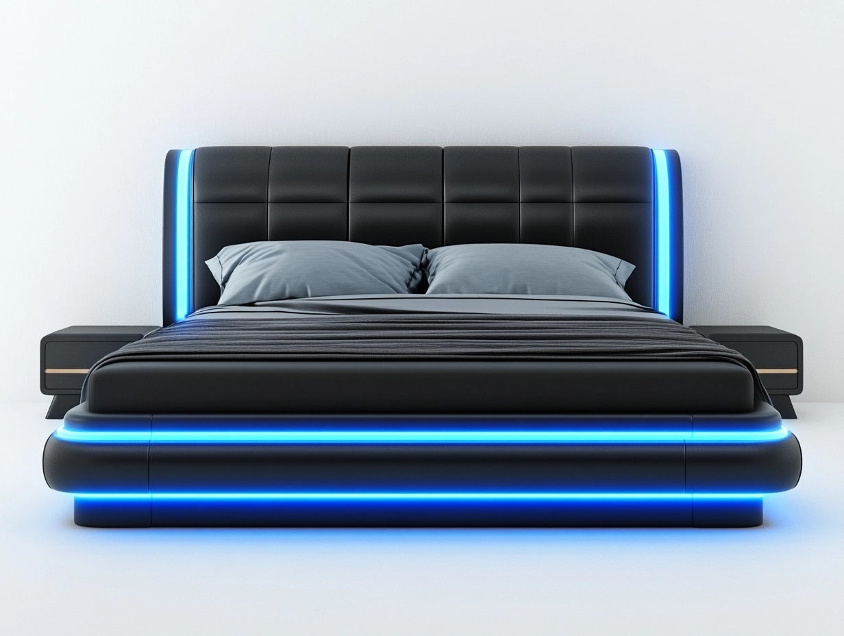 Cama doble moderna con luces LED de PU negra