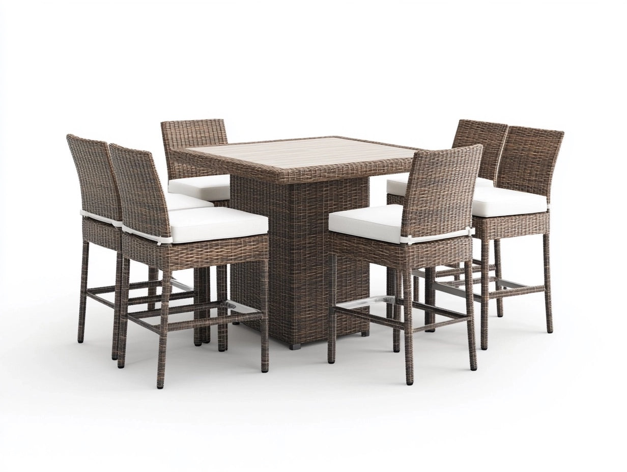 Conjunto de mesa y sillas de comedor para exterior de rat¨¢n sint¨¦tico marr¨®n con 6 sillas y cojines