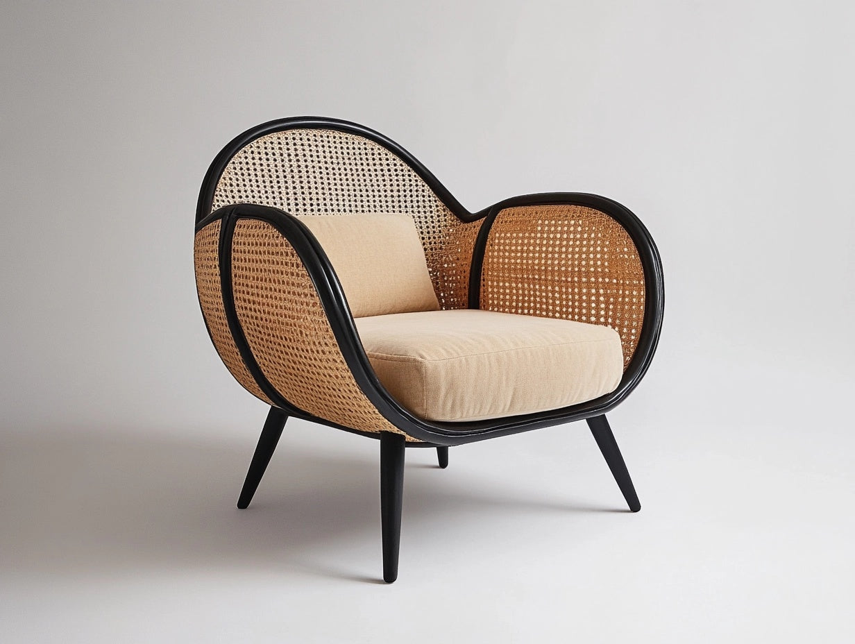 Sill¨®n de madera con dise?o curvo y tejido de rat¨¢n beige 75x85x75 cm