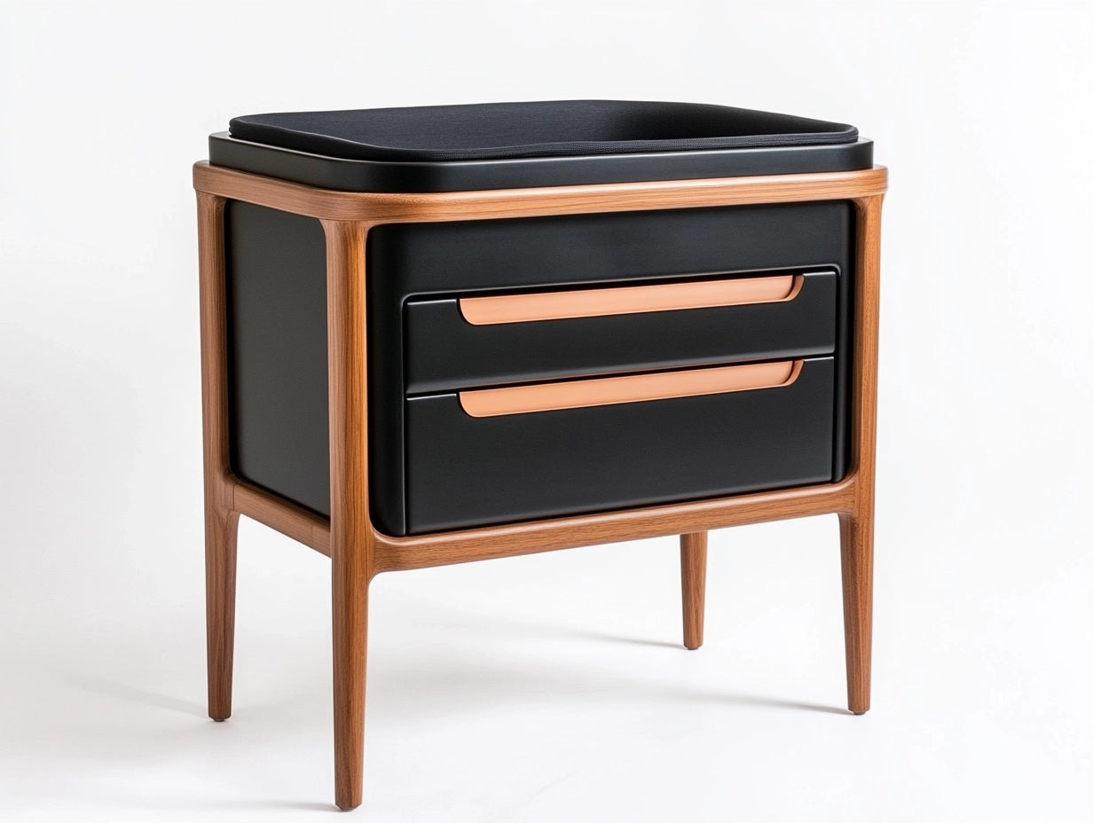 Mesita de Noche con Cajones de MDF y Madera de Nogal Negro/Naranja