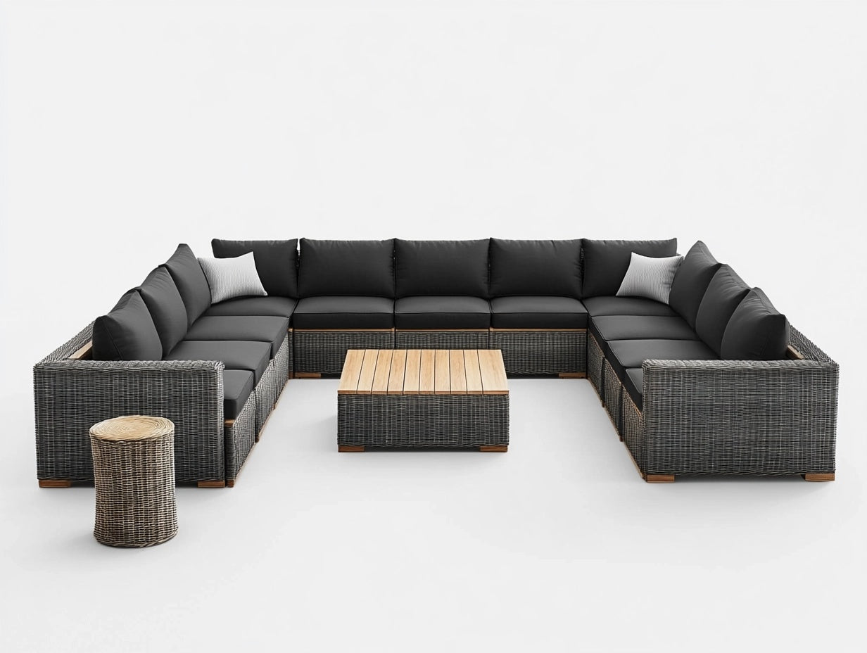 Conjunto de Sof¨¢s de Exterior en Forma de U 7 Piezas Rattan/Acero/Pl¨¢stico Negro/Gris