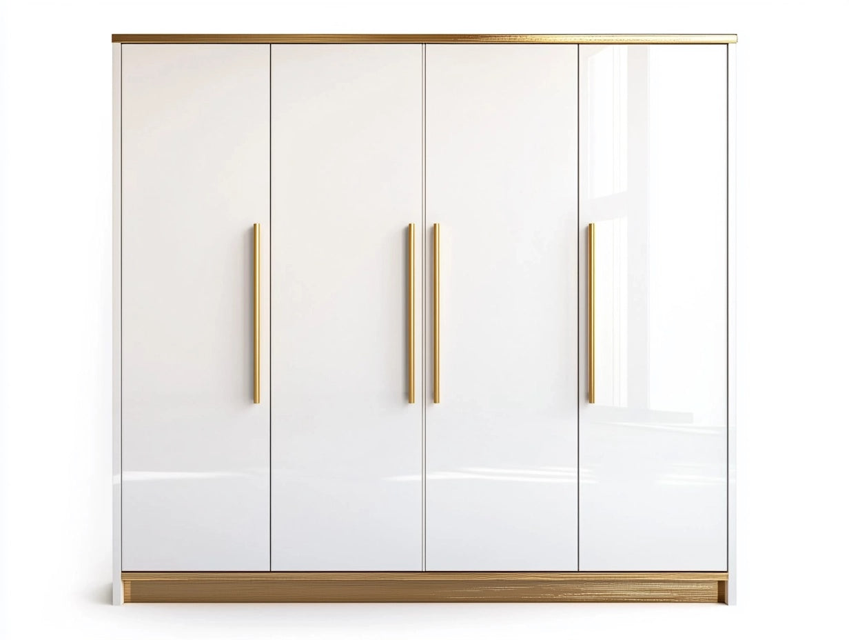 Armario de Almacenamiento de Madera MDF Blanco con 4 Puertas y Tiradores Dorados
