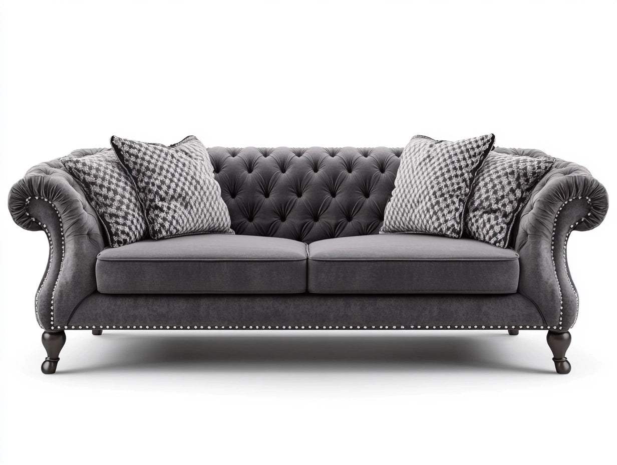 Sof¨¢ de terciopelo gris con patas de madera y cojines decorativos, 3 plazas