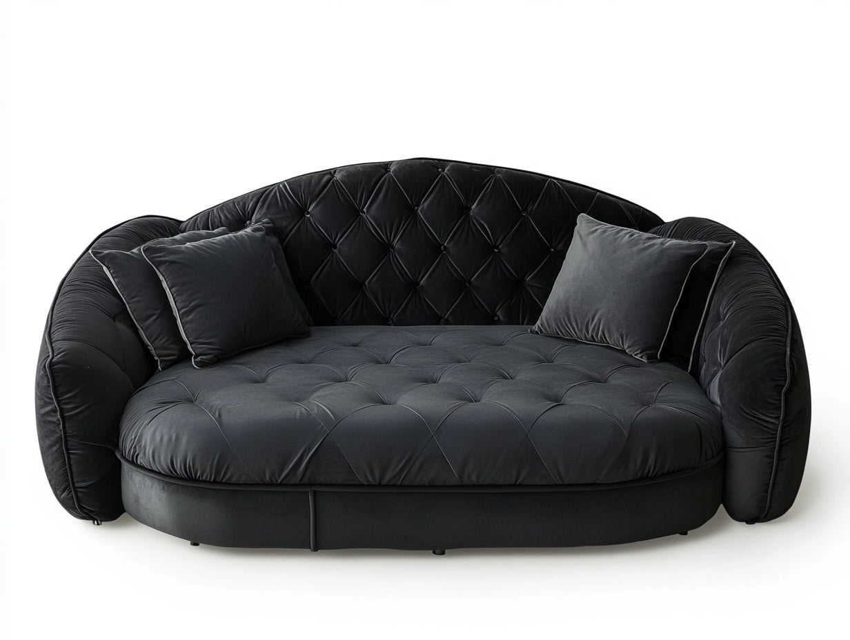 Sof¨¢ Cama de Terciopelo Negro con Cojines Redondo 220cm