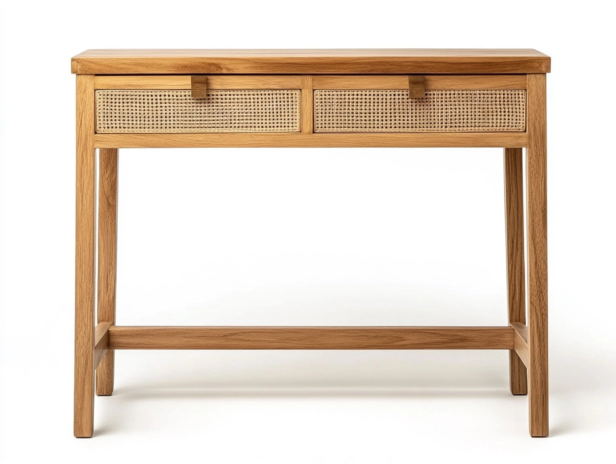 Escritorio de Madera de Roble con 2 Cajones de Rat¨¢n Natural 90x45x75cm