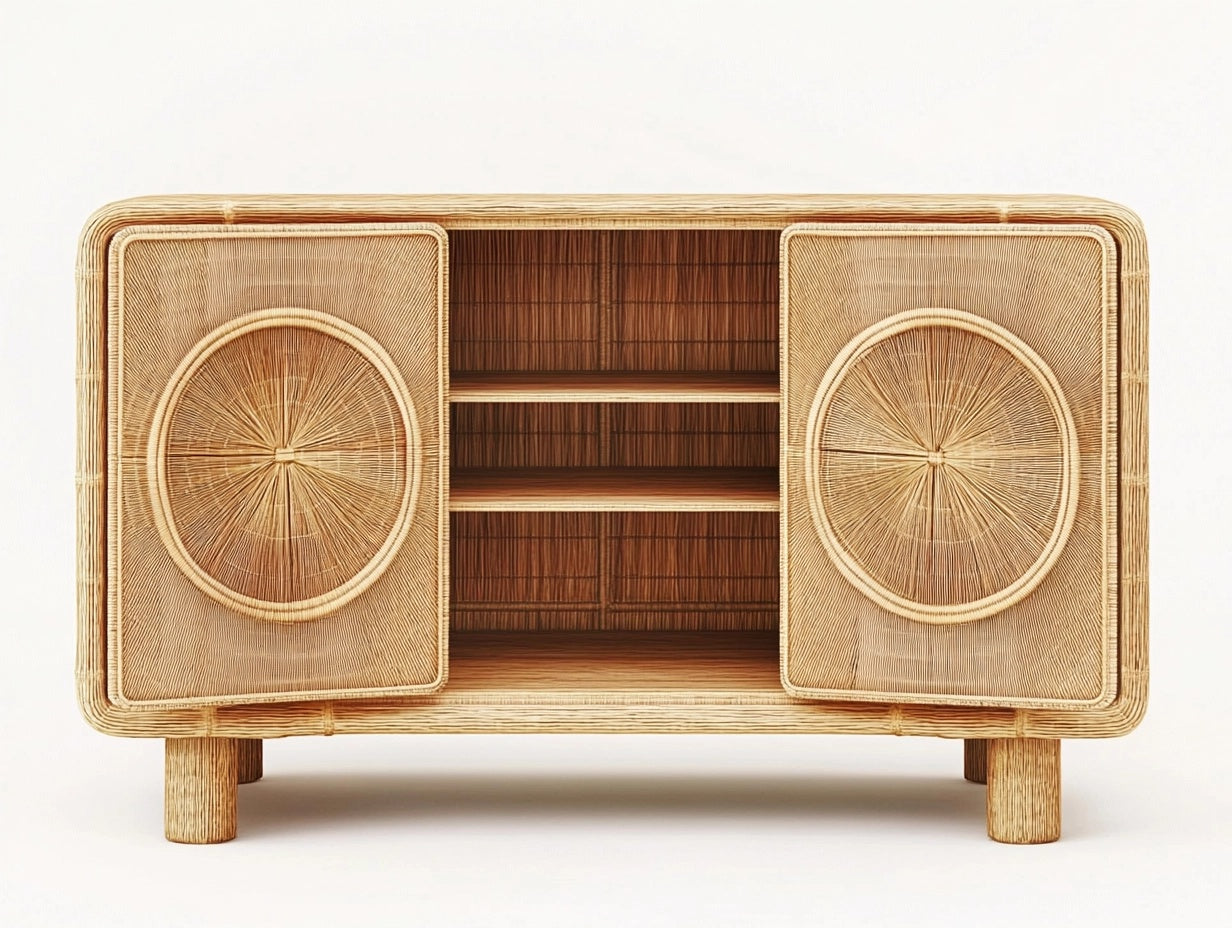 Aparador de Rattan Natural con Estantes y Puertas Circulares