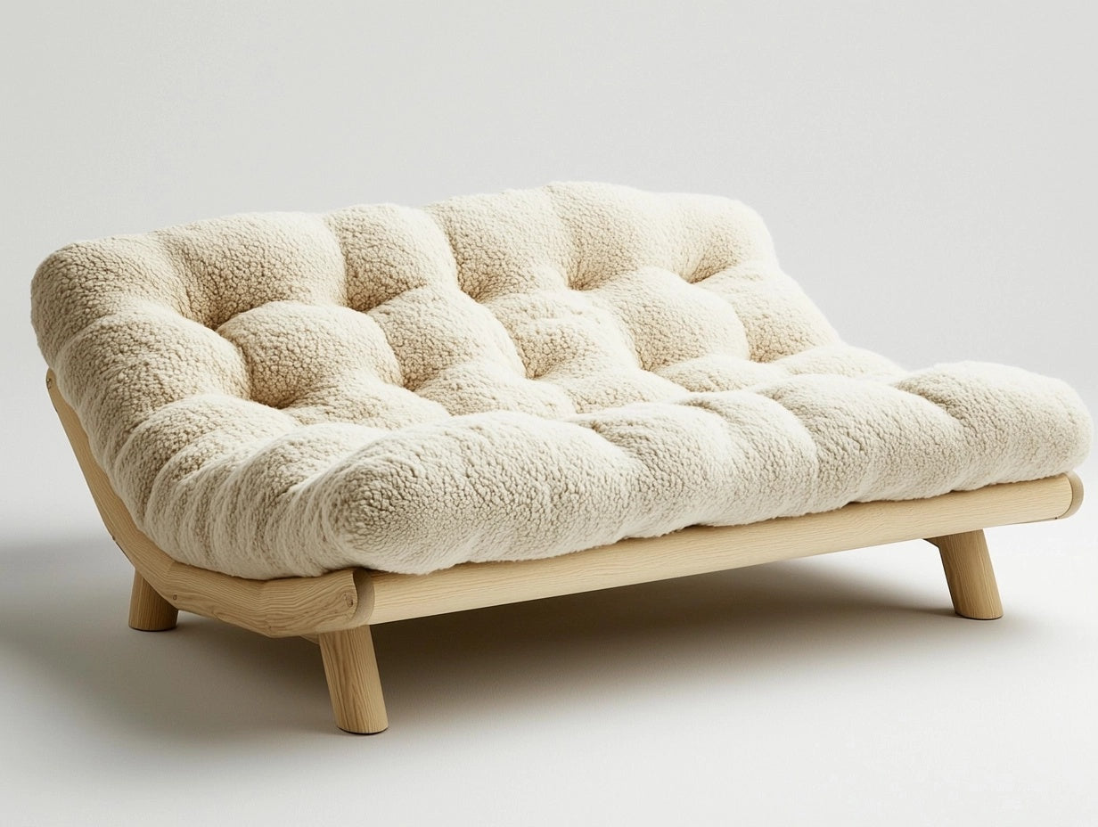 Sof¨¢ Lounge Crema Forma Rectangular Madera de Pino y Tejido de Forro Polar 150cm