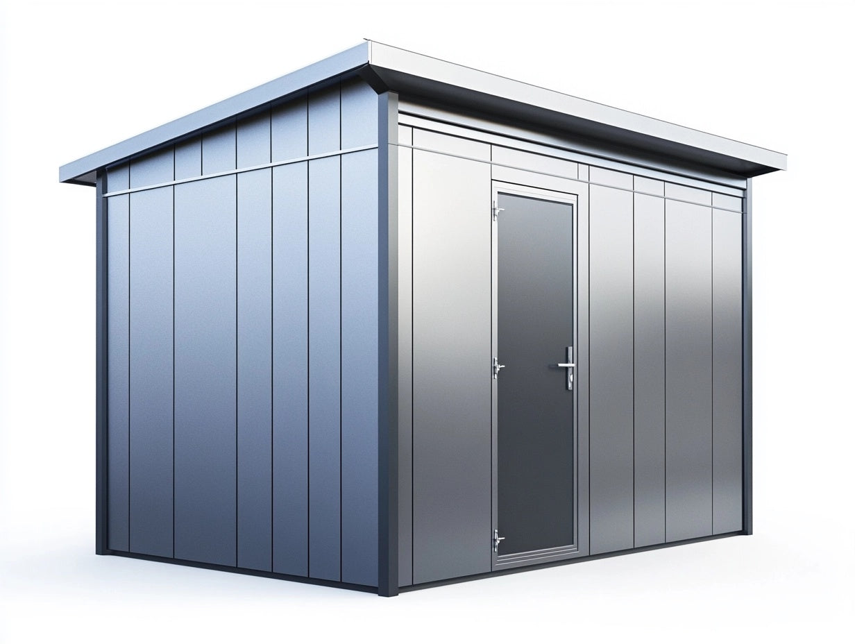 Cobertizo met¨¢lico exterior con puerta de acero galvanizado y cerradura de seguridad