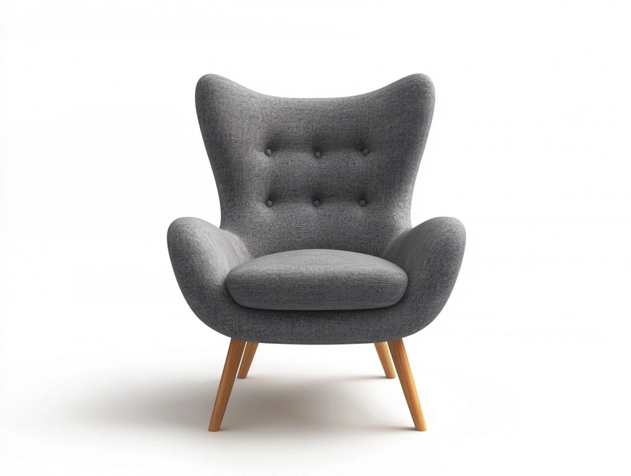 Sill¨®n de Tela Gris con Estructura de Madera y Respaldo Alto