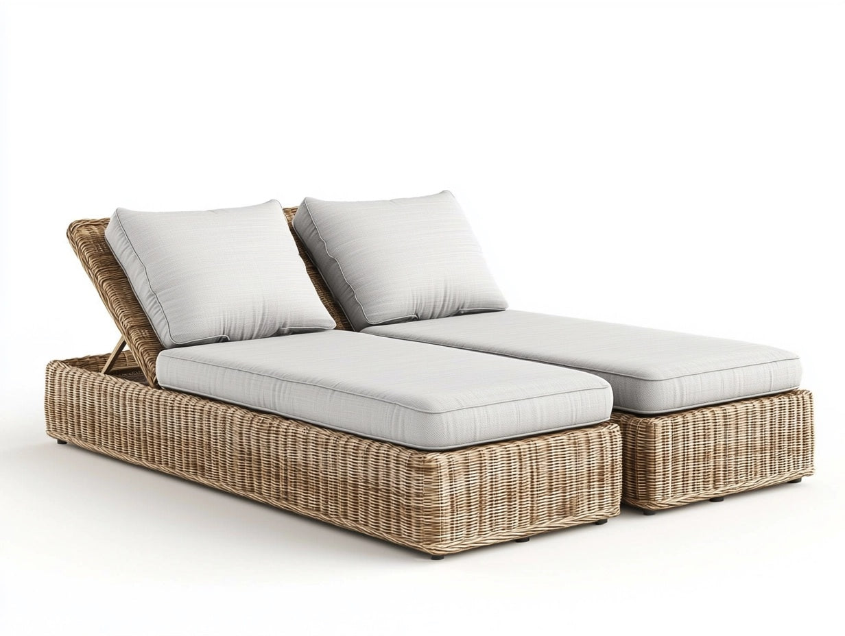 Conjunto de tumbonas reclinables dobles de rat¨¢n para exterior, con respaldo ajustable y cojines gruesos