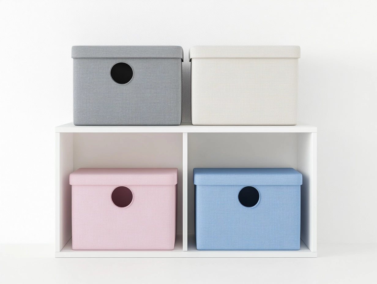Set de 4 cajas organizadoras de poli¨¦ster 30x30x30 cm en gris, beige, rosa y azul
