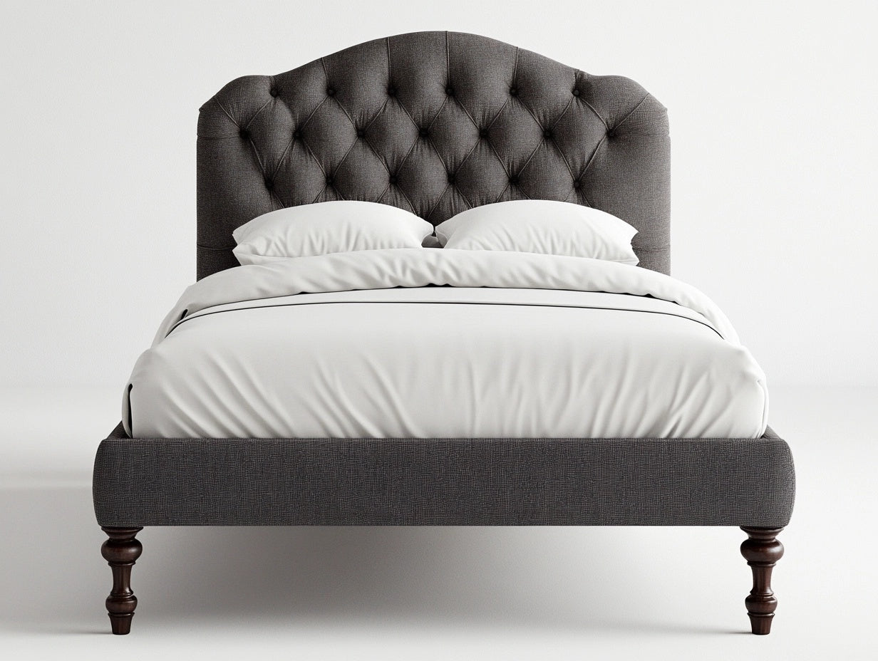 Cama Doble de Tela Gris con Cabecero Acolchado y Patas de Madera