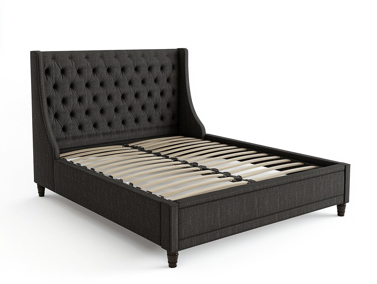 Cama Tapizada Negra con Cabecera Capitoneada y Base de L¨¢minas de Madera, 200 cm x 160 cm x 120 cm