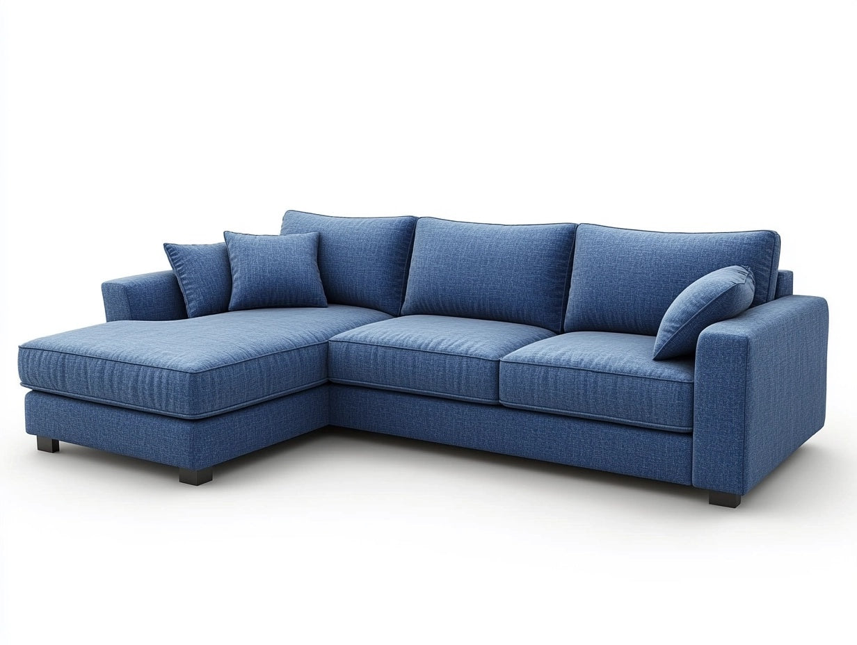 Sof¨¢ Seccional Esquinero de Tela Azul con Chaise Longue, 280cm x 160cm x 90cm