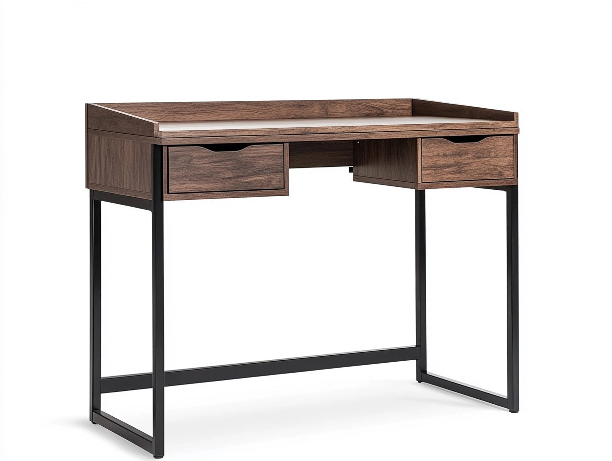 Escritorio de Estilo Industrial con Cajones, Efecto Nogal y Estructura de Acero Negro