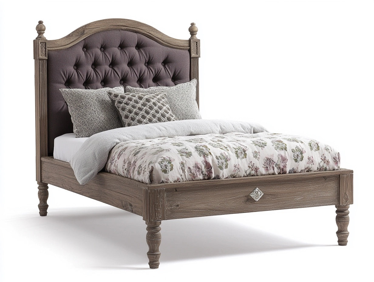 Cama Doble de Madera y Tela Capitoneada Marr¨®n