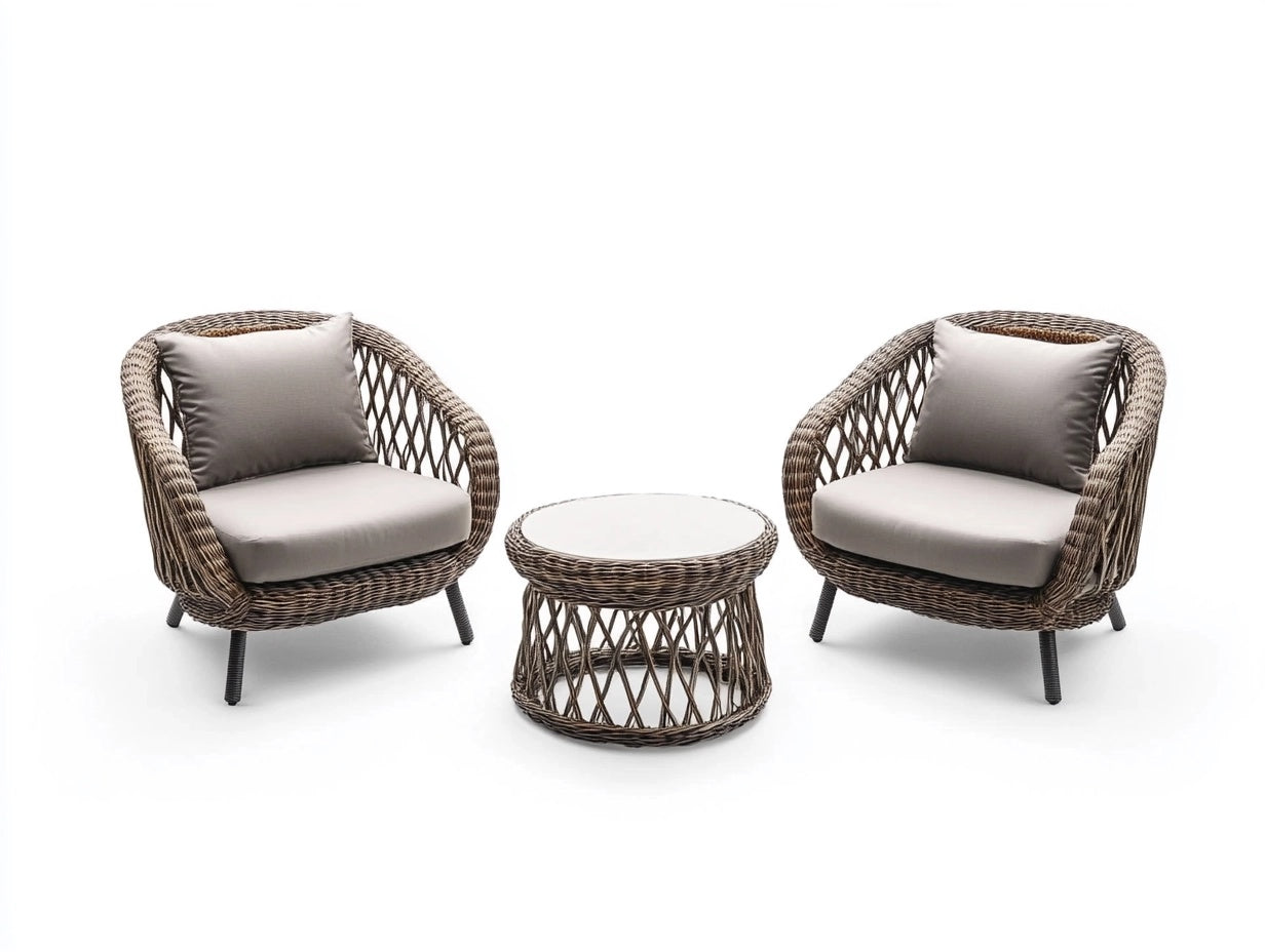 Conjunto de muebles de exterior de rat¨¢n sint¨¦tico: 2 sillones con cojines y 1 mesa de centro redonda