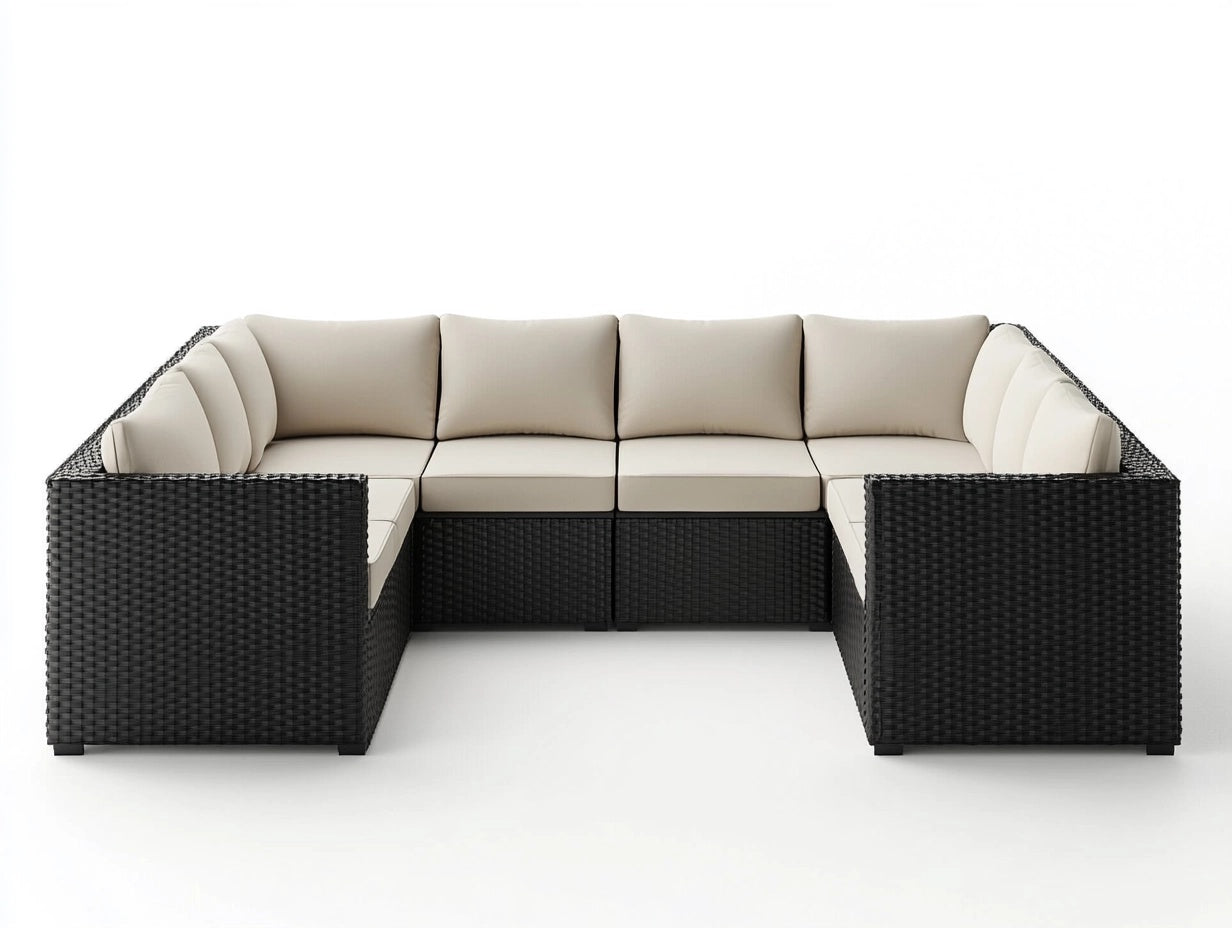 Conjunto de Sof¨¢ Seccional de Jard¨ªn en Rat¨¢n Sint¨¦tico Negro/Beige, 6 Piezas