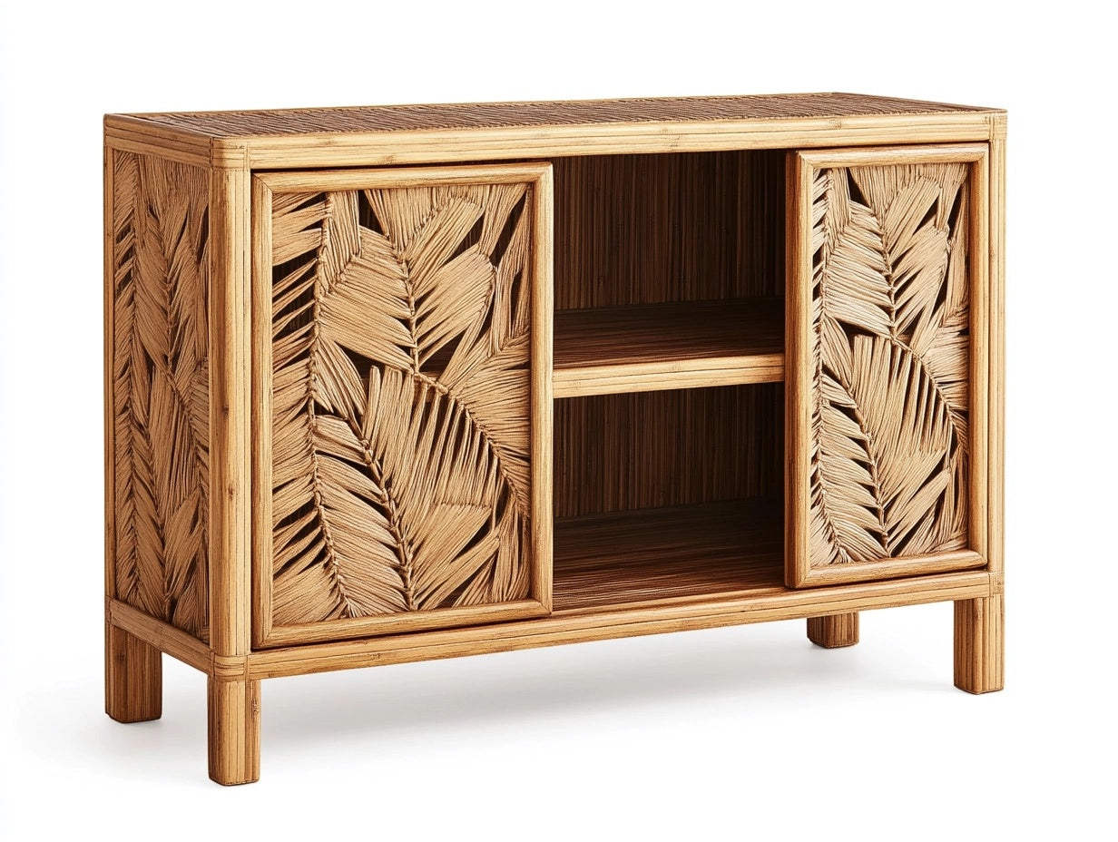 Aparador de Rat¨¢n Natural Puertas Correderas 2 Estantes 86x40x75 cm