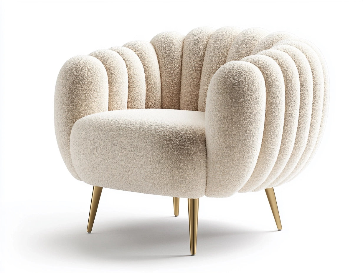 Butaca redonda tapizada con patas doradas