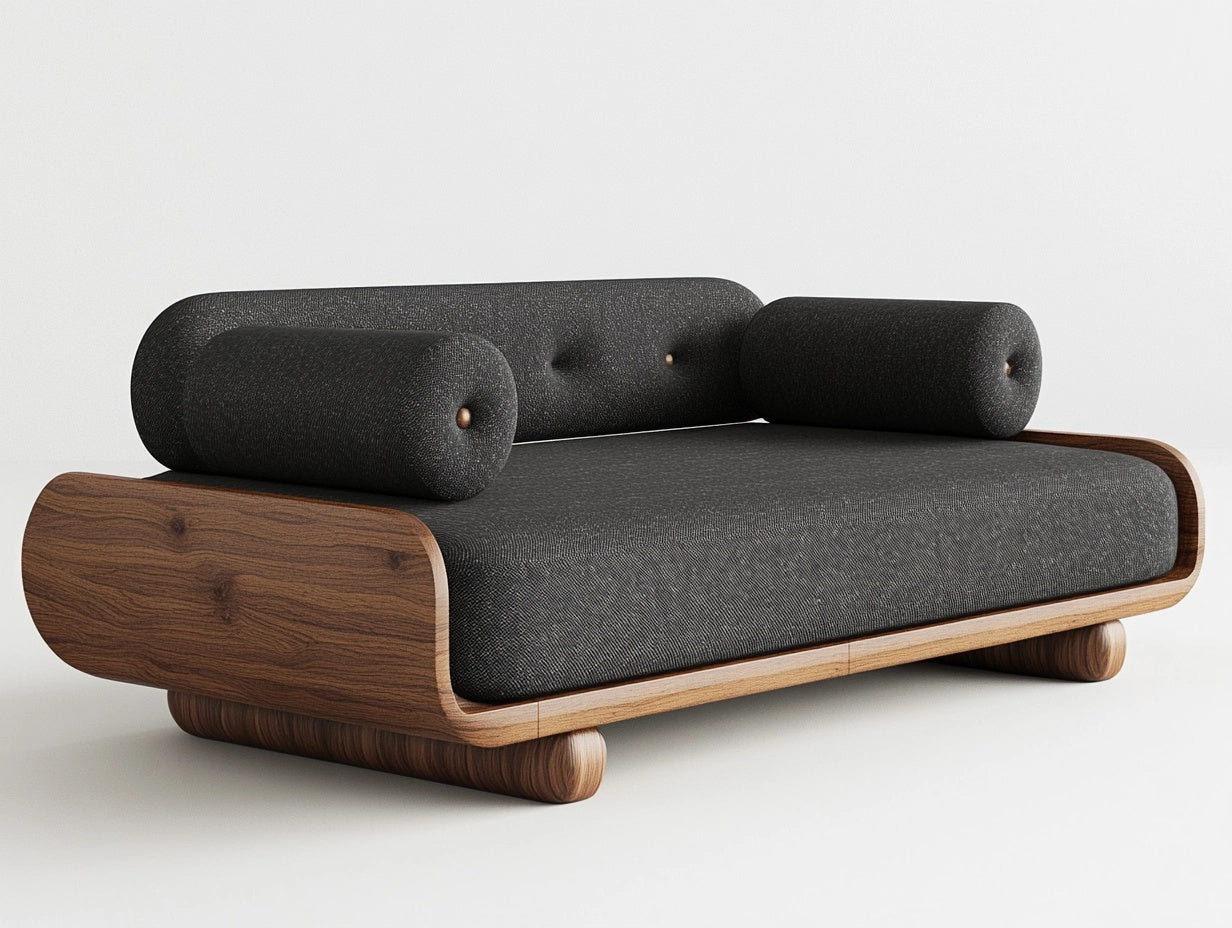 Sof¨¢ Moderno Tapizado de Tela Negra con Estructura de Madera de Nogal 200 cm