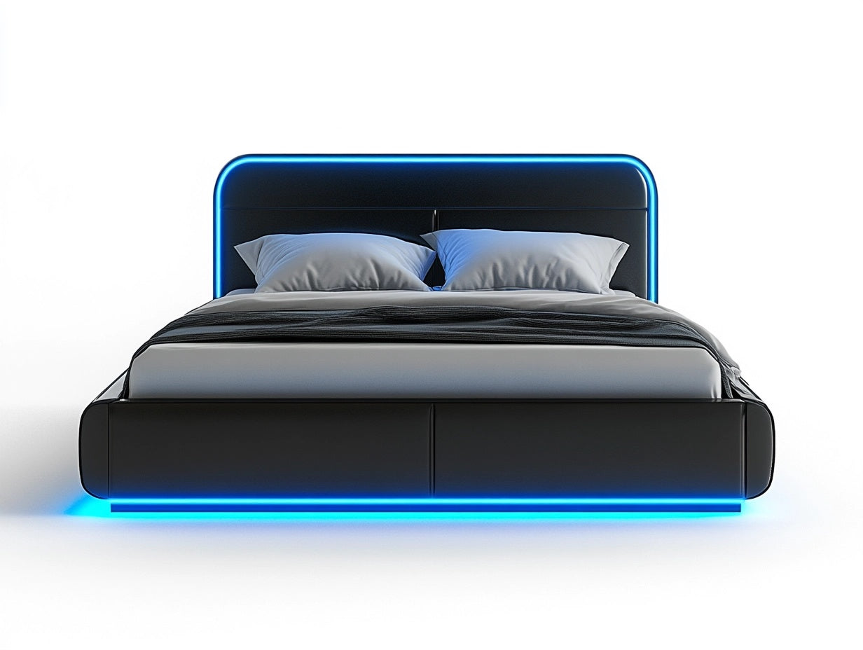 Cama LED Tapizada Moderna con Almacenamiento 200x160x100 cm Cuero Sint¨¦tico Negro