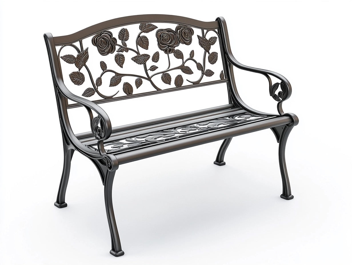 Banco de jard¨ªn de aluminio marr¨®n con respaldo floral 125cm x 60cm x 78cm