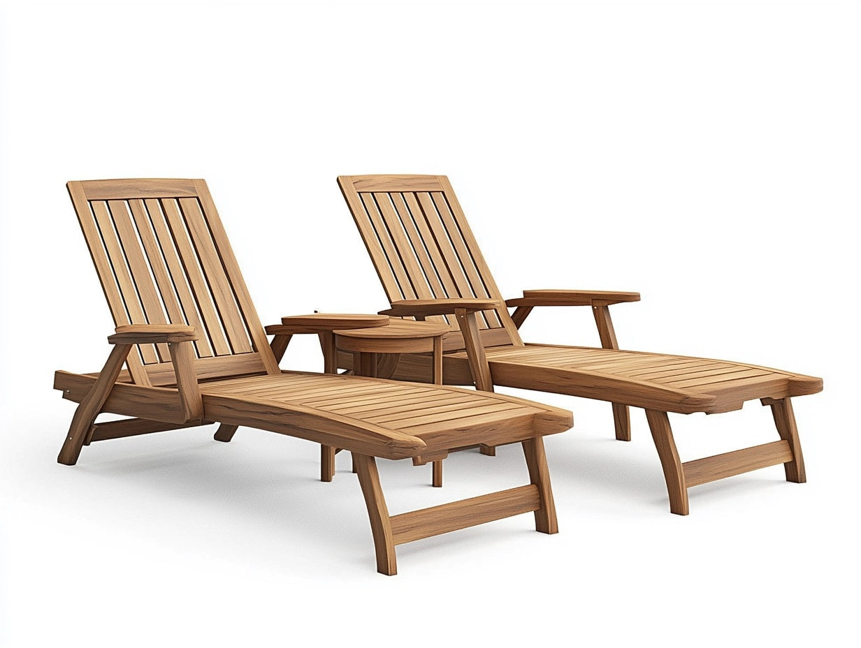Juego de dos tumbonas de madera de acacia color natural con mesa auxiliar