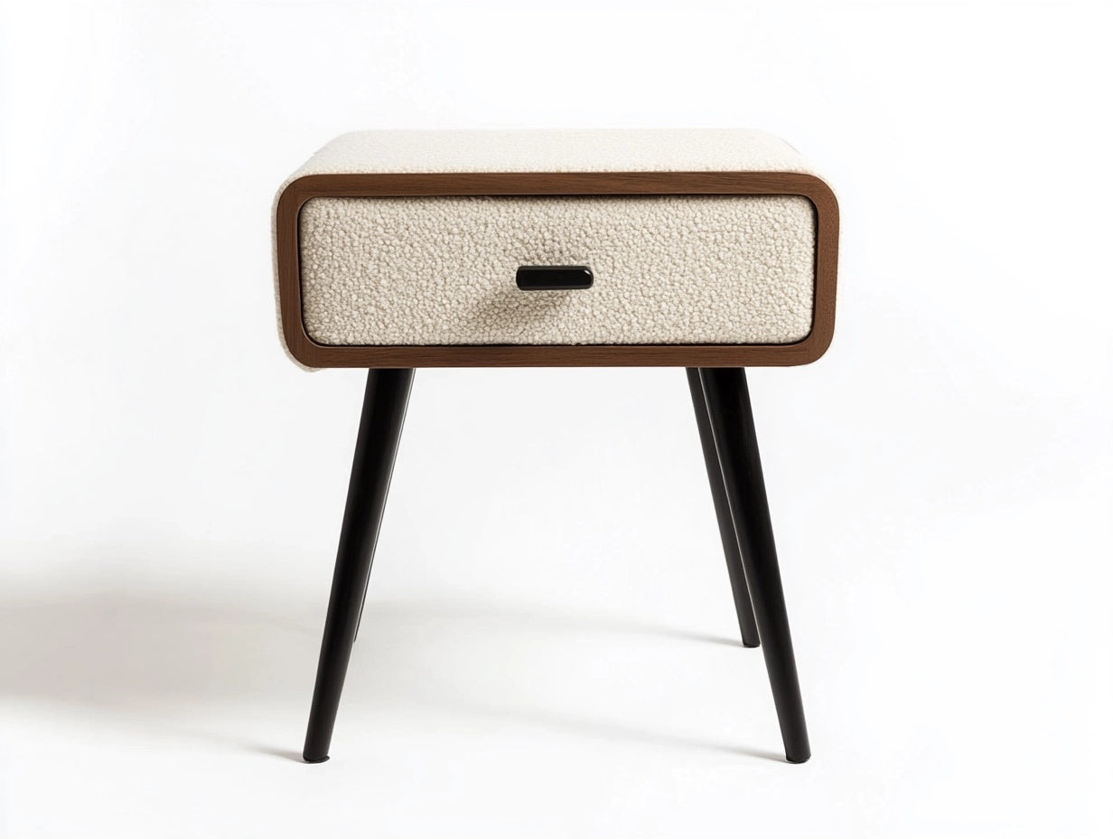 Mesa de noche moderna de MDF con boucl¨¦ y patas de acero negro