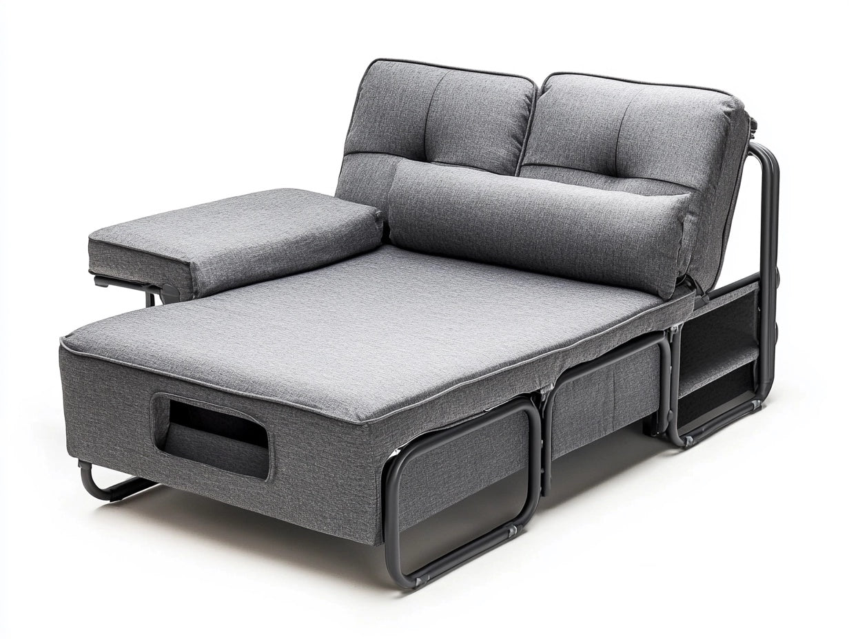Sof¨¢ Cama Convertible de Metal y Tela Gris con Cojines Desmontables 200x120x90 cm