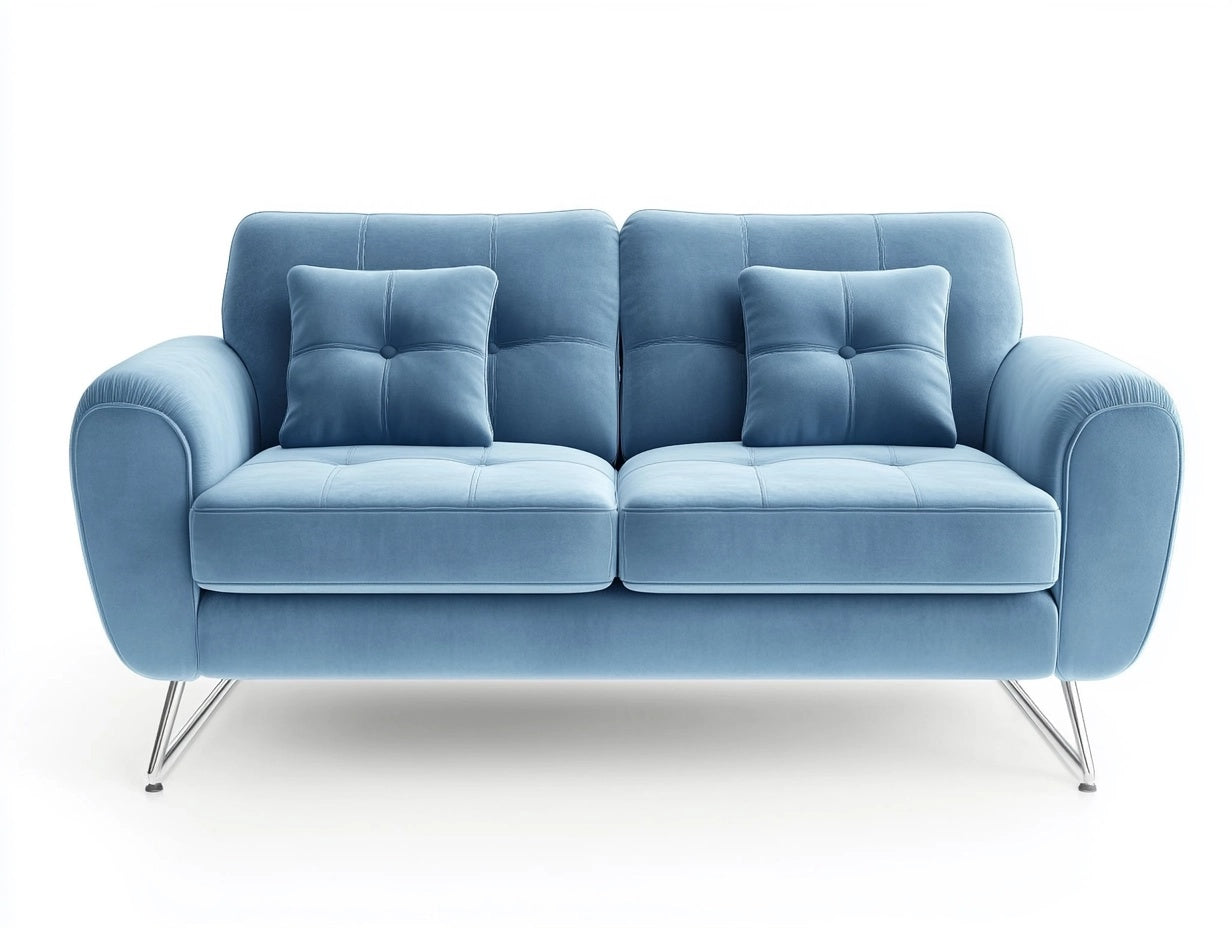 Sof¨¢ de 2 plazas de terciopelo azul con patas de acero cromado
