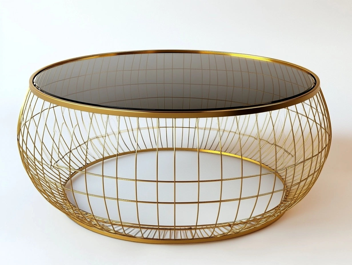 Mesa de Centro de Cristal Templado Redondo con Base de Acero Dorado Di¨¢metro 80cm