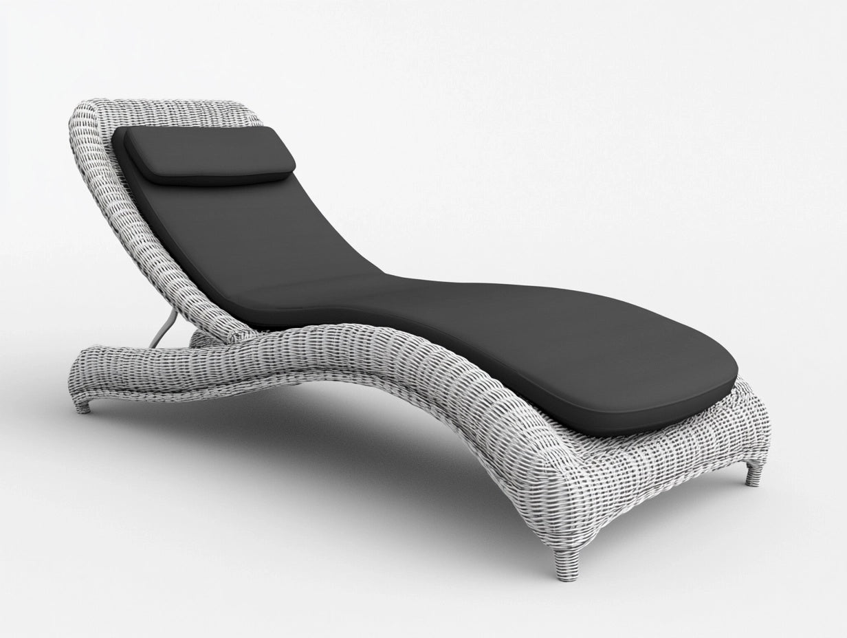 Tumbona de rat¨¢n sint¨¦tico gris con coj¨ªn acolchado negro, dise?o curvado, 195x65x36 cm