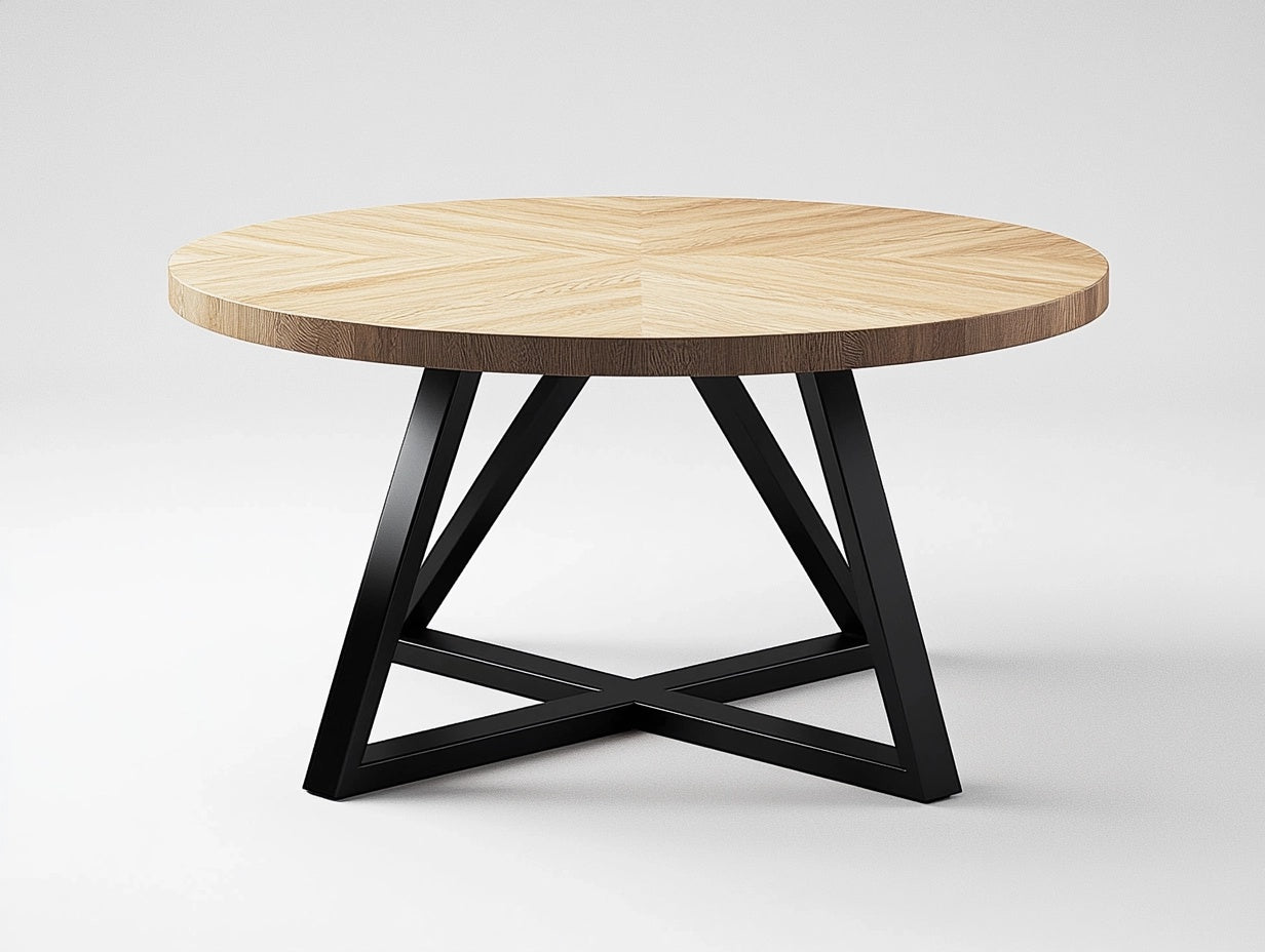 Mesa redonda de madera con patas de acero negro