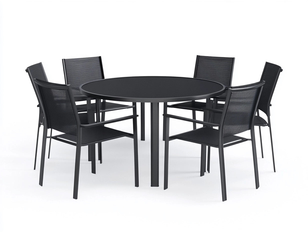 Conjunto de Muebles de Exterior - Mesa Redonda y 6 Sillas Apilables Negro Acero/Material Resistente a la Intemperie