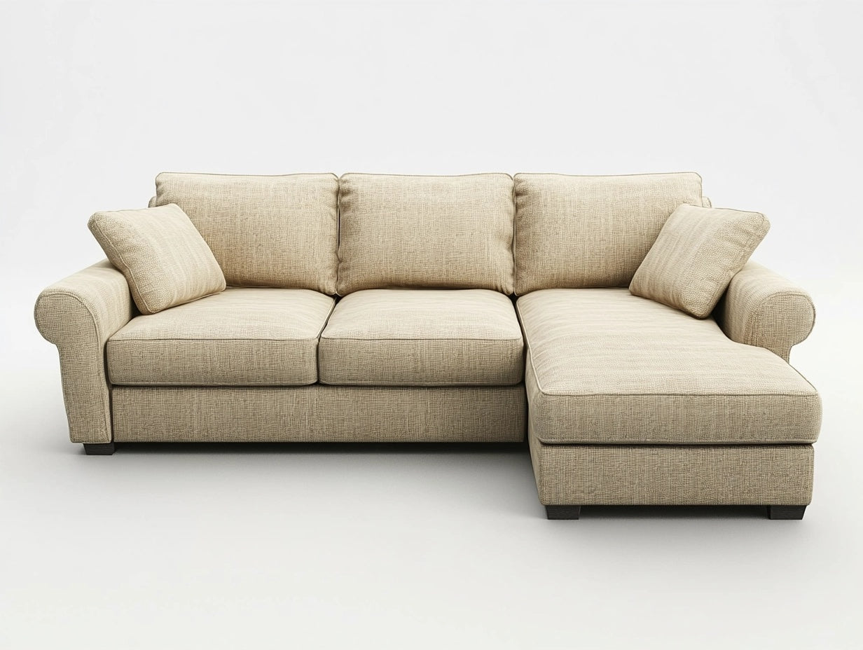Sof¨¢ Seccional de Tela Beige con Chaise Longue y Cojines, 240 cm x 160 cm x 90 cm