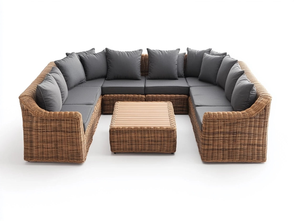 Conjunto de Sof¨¢ de Jard¨ªn de Rat¨¢n Sint¨¦tico en Forma de U con Cojines de Poli¨¦ster Gris 9 Piezas