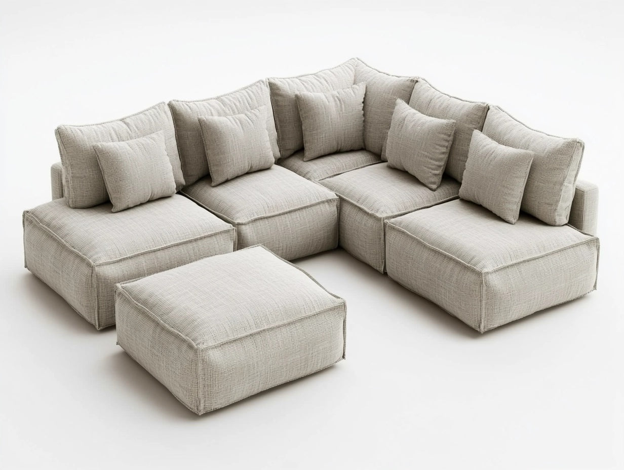 Sof¨¢ Seccional Modular en Tela Beige con Cojines Extra¨ªbles 5 Piezas