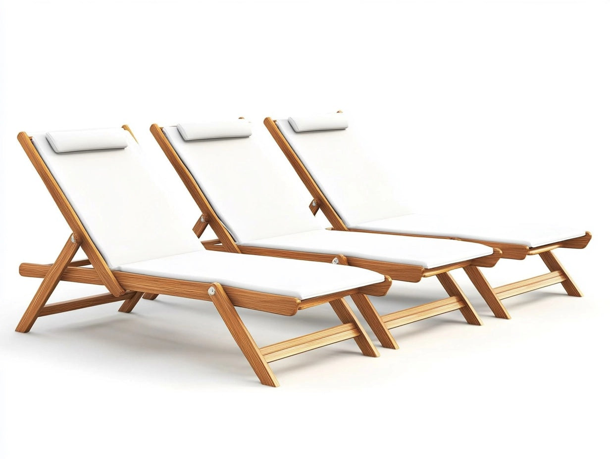 Conjunto de 3 tumbonas plegables de madera de teca y tela blanca ajustable