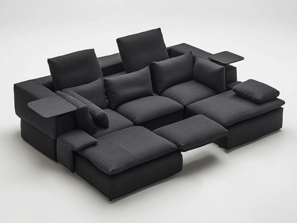 Sof¨¢ modular tejido poli¨¦ster antracita con reposapi¨¦s ajustables y mesas auxiliares 6 piezas