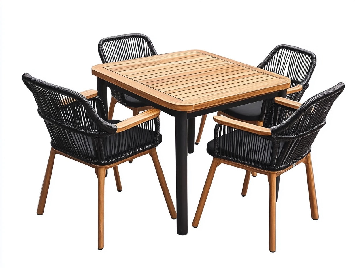 Juego de comedor al aire libre de 5 piezas: mesa cuadrada de madera maciza y sillas de cuerda de poli¨¦ster negro