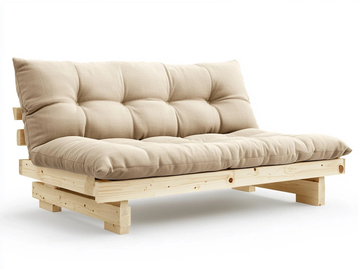Sof¨¢ Fut¨®n de Madera de Pino Beige Convertible con Cojines de Algod¨®n 180x90x80 cm
