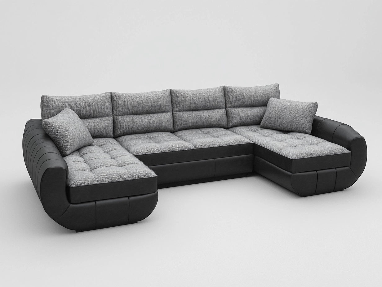 Sof¨¢ Seccional en Forma de L con Tela de Poli¨¦ster Gris y Cuero PU Negro