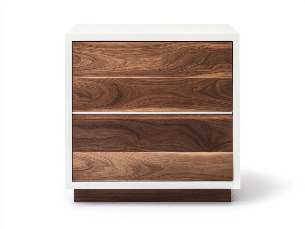 Mesita de Noche de Madera Compuesta con Acabado en Blanco y Cajones de Nogal 50 cm x 40 cm x 60 cm 2 Cajones