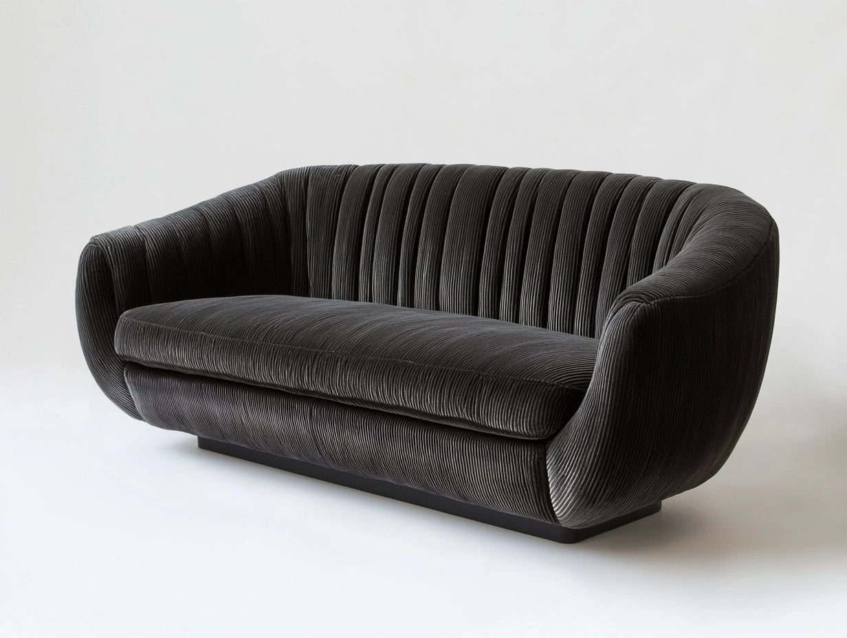 Sof¨¢ de Tres Plazas de Pana Negro con Dise?o Curvado 220x95x80 cm