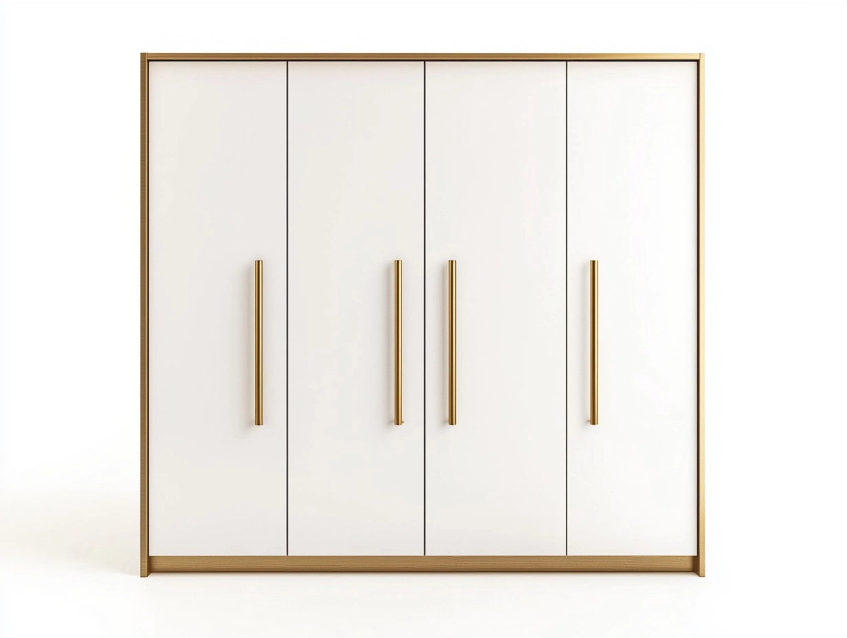 Armario de Madera MDF/Acero Blanco/Dorado de 4 Puertas con Manijas Altas