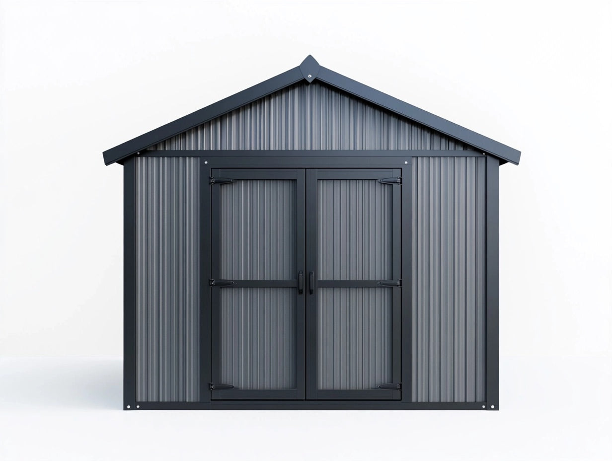 Caseta de Jard¨ªn Met¨¢lica con Doble Puerta y Techo Inclinado Acero Gris 300x200x210 cm