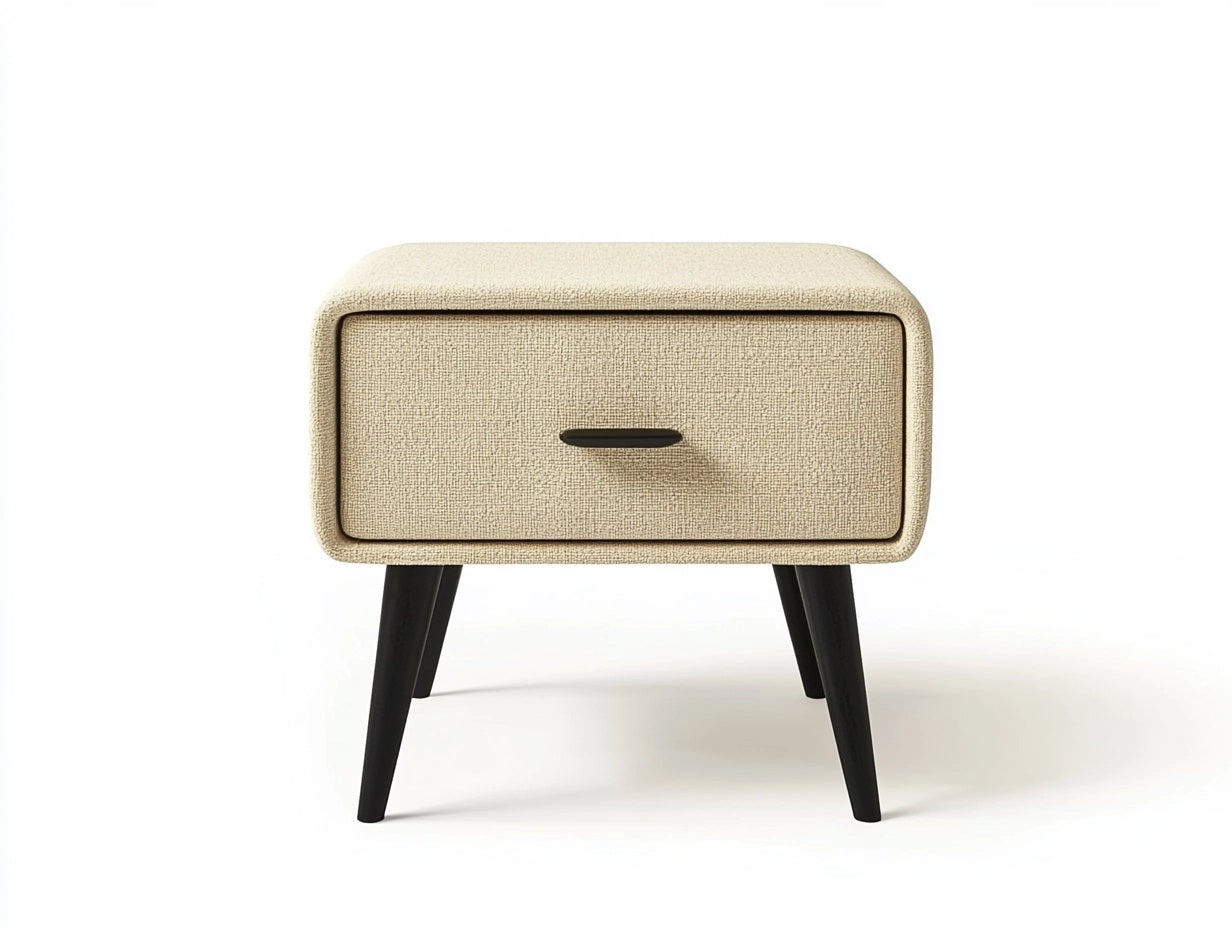 Mesita de Noche de Tela Beige con Patas de Madera Negra 40x30x45cm