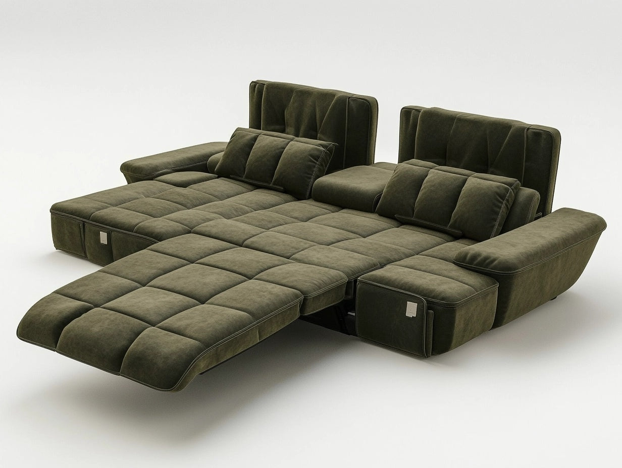 Sof¨¢ Cama Moderno de Tela Verde Ajustable con Cojines y Apoyabrazos 220x100 cm